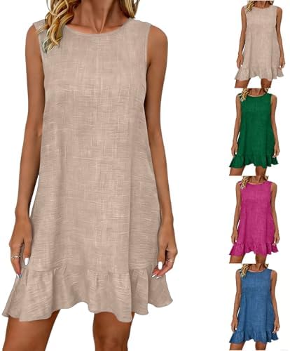 Linen Dress Women Short Mini Sundresses Ruffle Hem Tank Dress High Crew Neck Shift Sun-Dress Summer Outfit