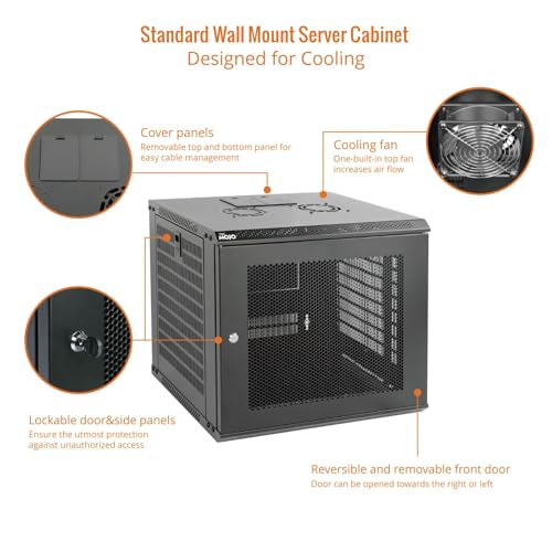 Image of Tecmojo 9U Wall Mount Rack Network Cabinet for 19 inch IT Equipment,with Lockable Mesh Door and Side Panels,Cooling Fan,17.7inch Depth,Black