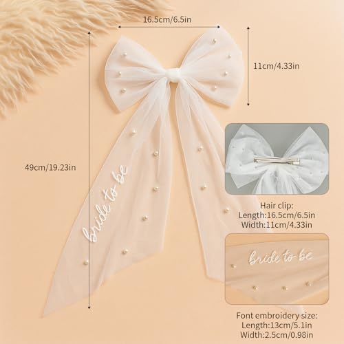 Bride to Be Embroidered Veil Hair Bow for Bachelorette Party,White Bow Wedding Veil Engagement Accessory Hair Clip for Women and Girls