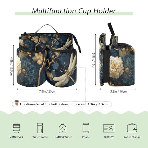 Image of Luggage Cup Holder for Suitcases Free Hands Suitcase Cup Holder Travel Luggage Drink Holder Portable Luggage Cup Caddy Bag Carrier with Handle Mystical Flowers and Dragonflies