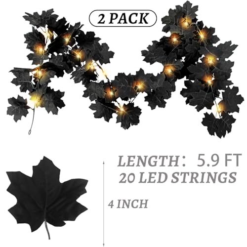 Image of 2 Pcs Black Leaf Garland with Yellow Lights, 11.8FT | Halloween Artificial Hanging Fall Leave Vines, 20 LED, Fall Floral Garlands, Thanksgiving Decor for Home Wedding Party