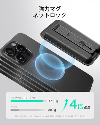 [ESR] MagSafeカードケース, 5枚カードホルダー付きiPhoneカードケース, 確実なグリップ 指フック, iPhone 15/14/13/12シリーズ用 磁気ウォレット, 13/12 mini非対応, ヴィーガンレザー, ブラック