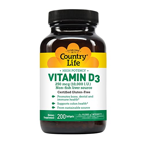 Country Life Vitamin D3, High Potency, Non-Fish, 10,000 IU, 200 Softgels, Certified Gluten Free