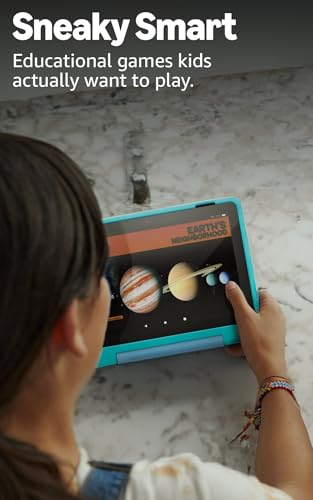 Image of Amazon Fire HD 8 Kids Pro tablet, ages 6-12. Bright 8 inch HD screen, includes ad-free content, parental controls, 13-hr battery, slim case for older kids, 64GB, Hello Teal, (2024 release)