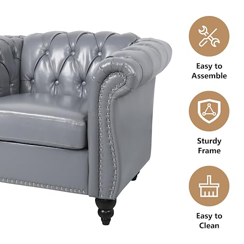 Image of QHITTY Accent Large Sofa, Chesterfield Couch 3 Seater Modern Leather Couch Upholstered Sofa with Tufted Back for Living Room Furniture (Grey)