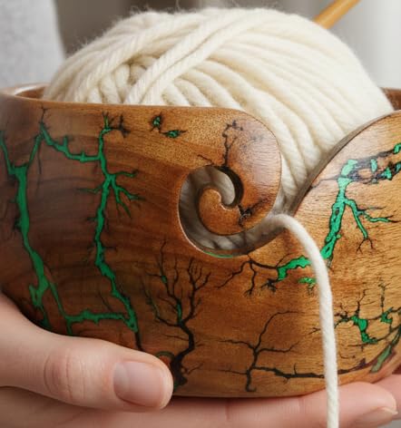 Image of Lichtenberg Figure Yarn Bowl - Handmade Wooden Yarn Bowl for Knitting Yarn Ball Holder - Yarn Bowls with Holes Crochet Bowl Holder - Yarn Storage Bowl 7 inch x 4 inch inches (Green)