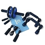 ➕ TRABAJA TODOS LOS MÚSCULOS: El kit te permite fortalecer el área del CORE gracias a la rueda abdominal. El uso de la comba mejora el sistema cardiovascular y aumenta la resistencia, además de tonificar todo el cuerpo. Las barras para flexiones trabajan de una manera efectiva los pectorales y tríceps, mientras que las pinzas fortalecerán tu antebrazo. La esterilla ayudará para todo tipo de ejercicios ya que evita moretones/lesiones y aumenta la comodidad al utilizar la rueda.