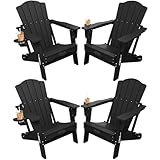 THOEOE Folding Adirondack Chair Set of 4,HDPE All-Weather Outdoor Chair with Cup Holder,Wooden Textured,Fire Pit Chair,Plastic Patio Chair for Deck,Backyard,Garden,Lawn(Black)
