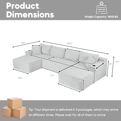 Image of Oversized Cloud Boneless Couch with Chaise, Modern Modular Sofa with Deep Seat, Corduroy Upholstered U Shaped Couch for Living Room, No Assembly Required (Light Grey)
