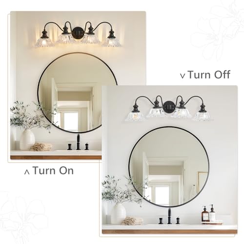 Image of 4 Lights Black Vintage Bathroom Vanity Light Fixture Over Mirror | Floral Transparent Glass Shades,Antique Wall Sconces,Wall Mount Up or Down, E26 Socket, Hardwired, 120V