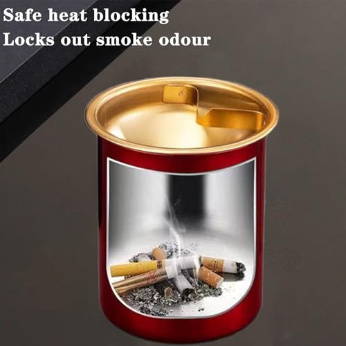 Image of Car Ashtray with Lid, Portable Smell Proof Ashtray for Car, Detachable Smokeless for Car Cup Holder, Stainless Steel Windproof Extinguished Butt Bucket Ash Tray for Outdoor Travel Home Office (Red)
