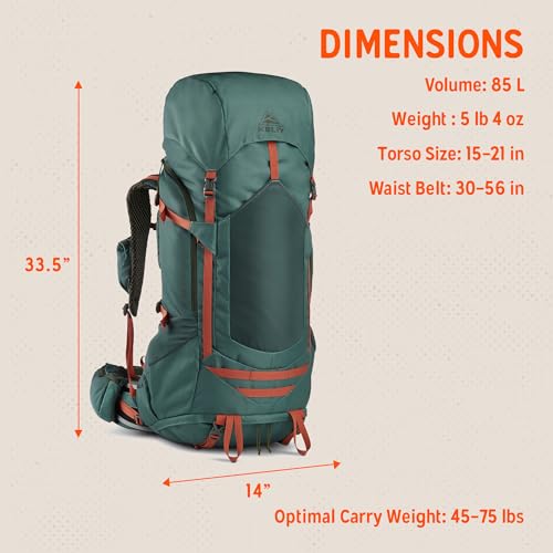 Image of Kelty Glendale 65L to 105L Internal Frame Backpack - Multi-day Backpacking Thru Hiking Pack, Adjustable Suspension, Customized Fit (Duck Green, 85L)
