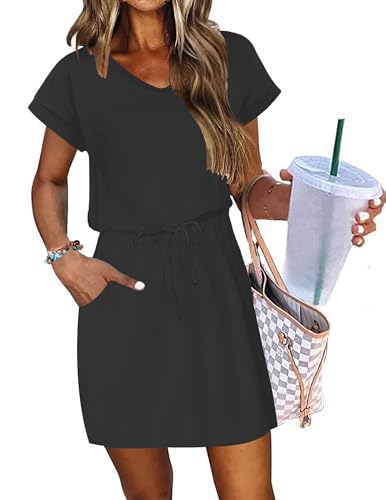 Image of AUSELILY Womens Summer Mini Dress, Short Sleeve V Neck Drawstring Casual | Soft smooth drape with an adjustable drawstring waist for beach, casual outings and daily wear