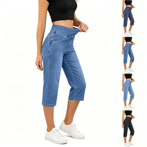 Capri Jeans for Women Elastic Waist Denim Pants Casual Summer High Waist Pull On Cropped Stretch Jean with Pockets Blue Womens Jean Capris 2X