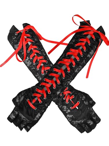 Geyoga Long Lace Fingerless Gloves Women Elbow Punk Flower Ribbon Gloves for Christmas Tea Party Dance Prom Accessories(Black and Red)