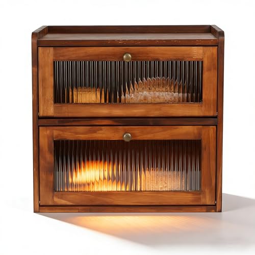 Bread Box for Kitchen Countertop Wooden Bread Storage Container Bin 2 Layer Breadbox Holder Large Capacity Keeper Vintage Farmhouse Food Organizer Pantry Shelf Acrylic Window