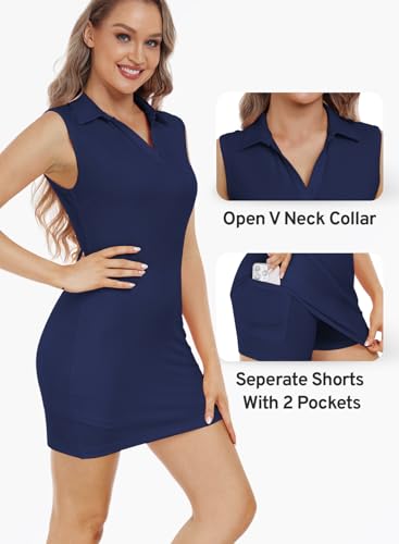 Image of Hiverlay Golf Dresses for Women with Shorts and Pockets, V-Neck Short Sleeve Tennis Dress, Workout Athletic Dresses