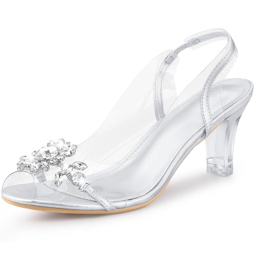 Perphy Peep Toe Flower Rhinestone Clear Chunky Heels Cinderella Glass Sandals for Women