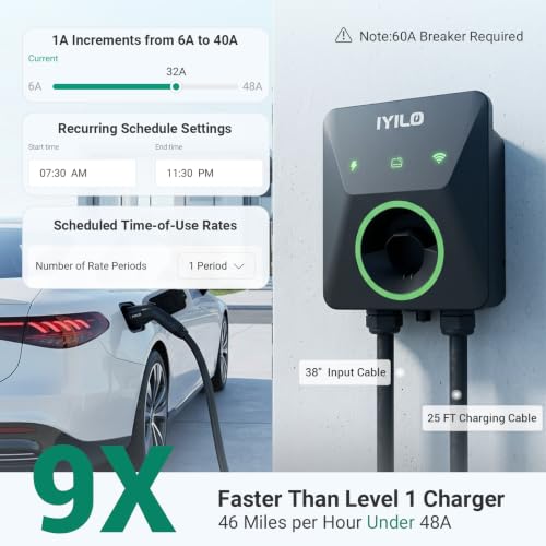 Image of Level 2 EV Charger with Energy Meter, 48Amp /11.5KW, J1772 Wall Electric Car Charger with Dual Temp Sensors(Exclusive), Wi-Fi(2.4 GHz), RFID, Smart App, CT Clamps for Load Balancing, Black-Gray