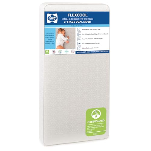 Sealy Baby Flex Cool 2 Stage Breathable Crib Mattress with Toddler Bed Fit, Waterproof & Airy Cotton Cover, 204 Premium Coils, GREENGUARD Gold Certified, Safety & Quality Tested, Made in USA, 52x28'