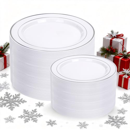 I00000 200 Pcs Silver Plastic Plates - Silver Disposable Party Plates Include 100 Dinner Plate and 100 Elegant Dessert Plate Perfect for Party, Holiday, Wedding & Birthday I00000 200 Pcs Silver Plastic Plates - Silver Disposable Party Plates Include 100 Dinner Plate and 100 Elegant Dessert Plate Perfect for Party, Holiday, Wedding & Birthday