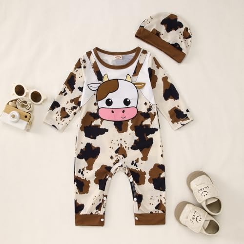 BOUTIKOME Infant Baby Boys Cow Outfits Cute Cow Graphic Jumpsuit Romper Long Sleeve Bodysuit Onesie Hat 2PCS Set Fall Clothes2