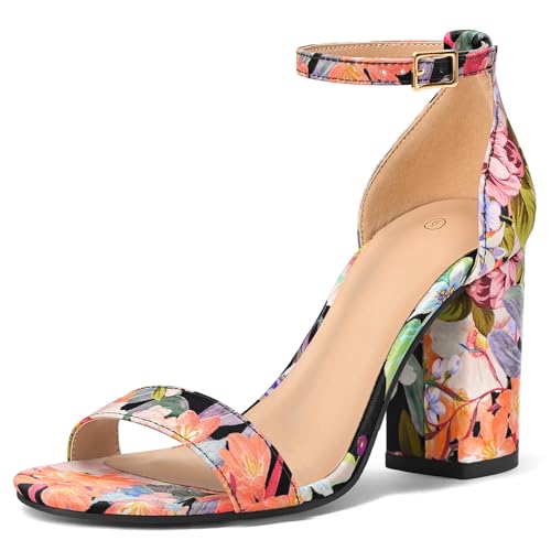 COASIS Womens Chunky Block Heels Open Toe Ankle Strap 3.5 Inch Heeled Sandals Floral Size 8
