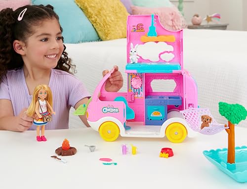 Image of Barbie Camper, Chelsea 2-in-1 Playset with Small Doll, 2 Pets & 15 Accessories, Vehicle Transforms into Camp Site