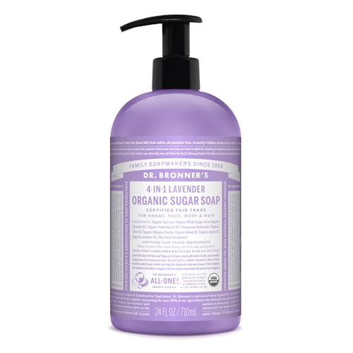 Dr. Bronner's - Organic Sugar Soap (Lavender, 24 Ounce) - Made with Organic Oils, Sugar and Shikakai Powder, 4-in-1 Uses: Hands, Body, Face and Hair, Cleanses, Moisturizes and Nourishes, Vegan