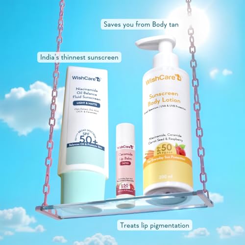 Image of WishCare SPF 50 Head-to-Toe Sun Protection Range | Sunscreen Body Lotion + Niacinamide Face Sunscreen + SPF Lip Balm | Lightweight, Non Greasy & No White Cast | 200ml + 50g + 5g