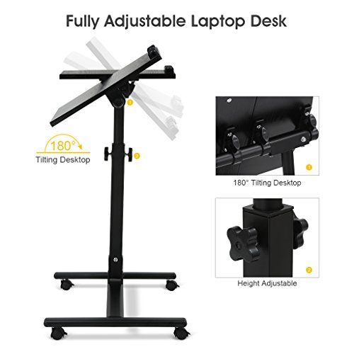 Langria - Carrito escritorio para portátil con soporte para ratón, altura regulable, giratorio 360 ° y 180 ° inclinable, con ruedas, 60 x 34,5 x 60–90 cm (nogal)