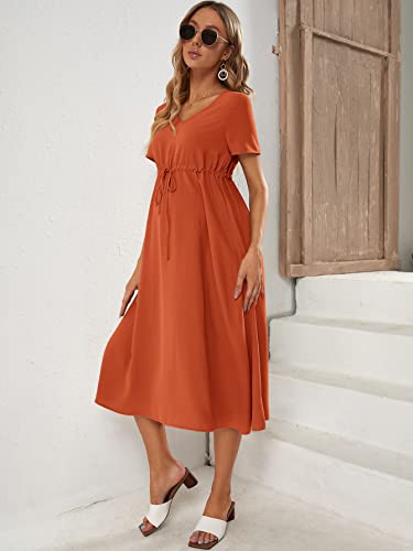 Makemechic Women's Maternity Dress Solid Short Sleeve V Neck A Line Pregnancy Midi Dress Burnt Orange S #TOP4