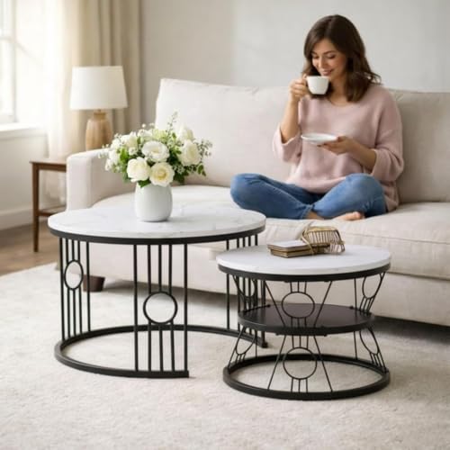Image of Modern Nested Coffee Table Set of 2 | Round Marble Finish Tabletop with Metal Base | Luxury Center Table for Living Room, Lounge & Office (Ring Black White)