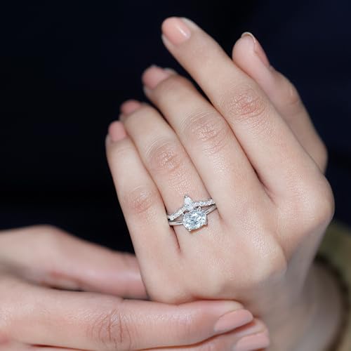 Certified Moissanite Bridal Ring Set in Silver, D-Vs1 Quality, Moissanite 6X8 mm Oval Engagement Ring and Enhancer3