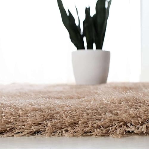 Image of Large Beige Microfiber Shag Rug 4x4 Feet Square with Heavy Thick Pile, Anti Slip Layer and Handcrafted Finish for Enhancing Living Room, Bedroom and Hall Interiors