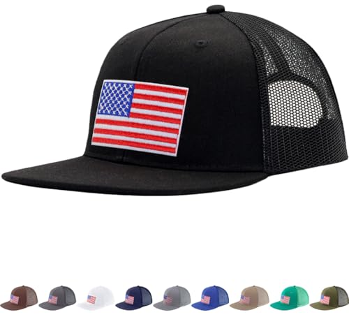 Image of Men Flat Bill USA Flag Mesh Hat Fits OSFM&XXL Head | Snapback Trucker Cap | 250th US Anniversary Veterans Memorial Day Gifts