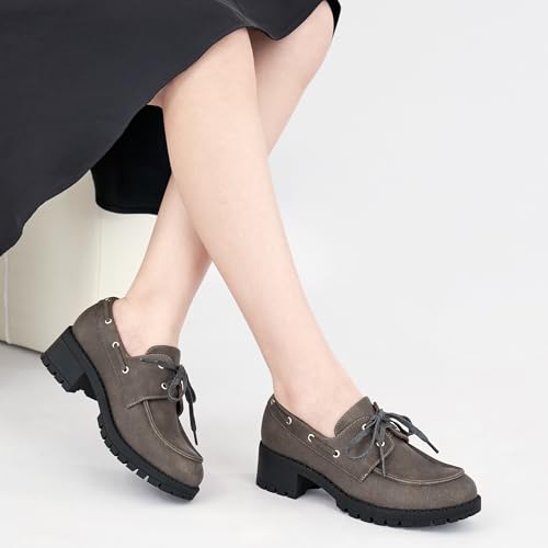 Image of Ablanczoom Platform Oxford Shoes for Women : Lace Up Women's Platform Chunky Loafers with Lug Sole Dress Shoes for Work Business Taupe