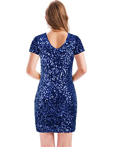 Image of MANER Women's Sequin Glitter Short Sleeve Dress Sexy V Neck Mini Party Club Bodycon Dresses
