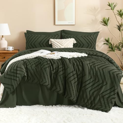 Litanika Super King Plus Size Comforter Set with Sheets Olive Green - 7 Pieces Bed in a Bag Oversized King Boho Tufted Complete Bedding Sets with Comforter, Sheets, Pillowcases & Shams by Litanika - Used condition - US$56.63