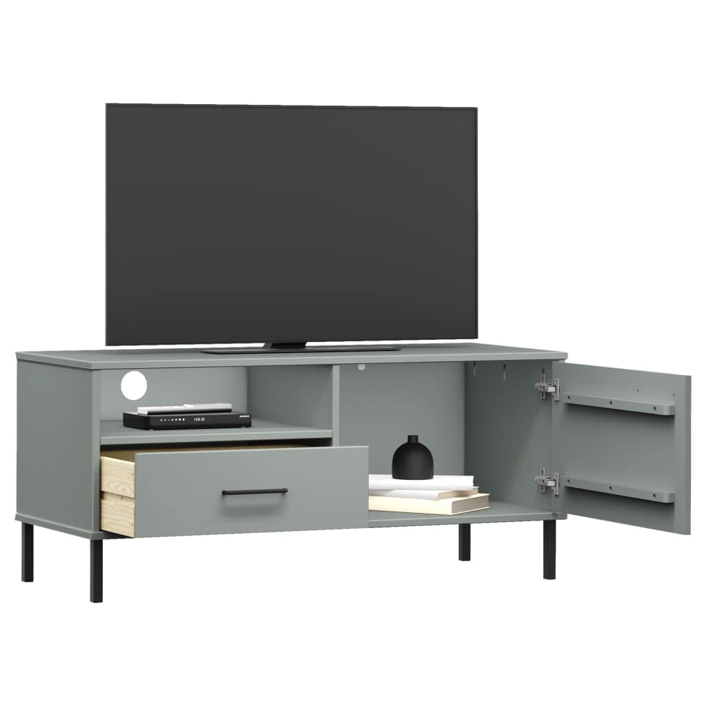 Oslo - Mobile TV grigio con gambe in metallo in legno di pino massiccio, 106 x 40 x 46,5 cm, con 1 cassetto, porta, spazio per soggiorno, credenza