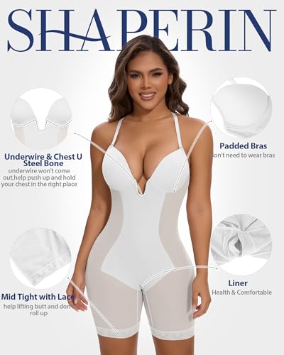 Image of SHAPERIN Backless Shapewear Strapless Bodysuit Bra Fajas U Plunge Tummy Control Low Back Full Body Shaper Corset for Women