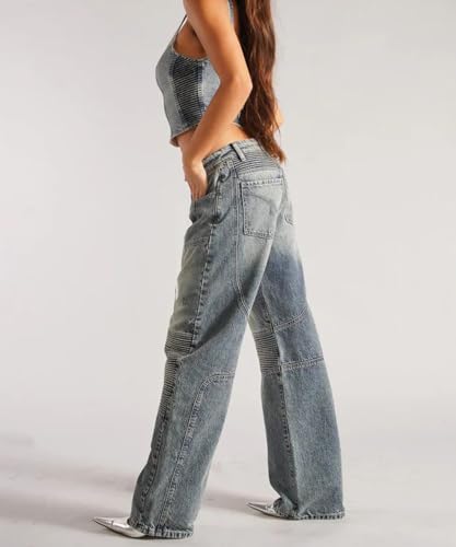 Women's Vintage Low Rise Stretchy Washed Wide Leg Jeans Casual Baggy Distressed Straight Denim Pants3