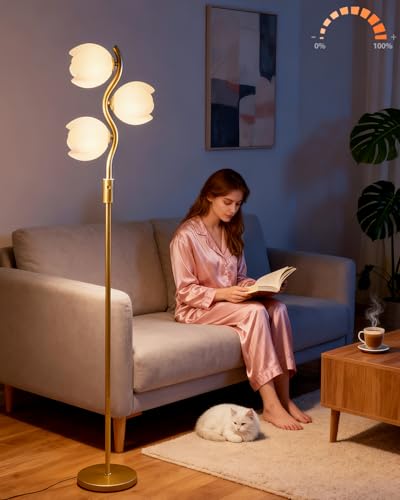 Image of Lightdot 62IN Gold Floor Lamp Stepless Dimmable Bud-Shaped Floor Lamps with 3Pcs 3000K G9 Bulbs Included Eye-Friendly Mid Century Standing Lamps for Living Room /Bedroom /Sofa Beside /Corner Decor