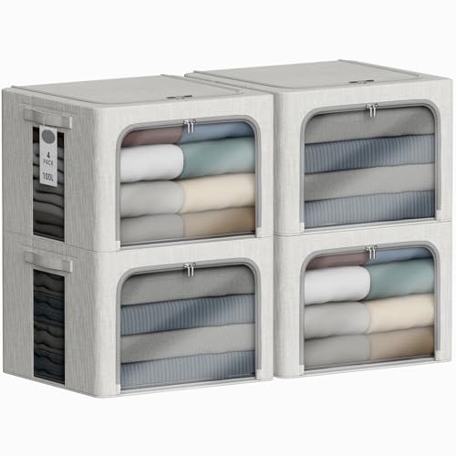 Chizjox 4 Pack Clothes Storage Bins with Metal Frame - 100L Stackable Storage Box with Lid，Foldable Storage Container Organizer for Clothes，Linen Fabric Storage Box with Clear Window＆Zippers＆Handles