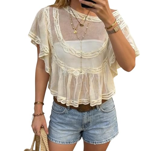 Women Sheer Poncho Top Lace Boho Ruffle Mesh Babydoll Cape Summer Going Out Shawl Beach Cover Up Light Yellow M