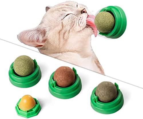 Cat Toys，Catnip Toys Balls 4 Pcs ，Extra Cat Energy Ball, Natural Interactive Toy Edible Kitty Lick Toys for Cats Lick Teeth Cleaning Dental Cat Ball Toy, Catnip Balls for Cats Wall (Green)