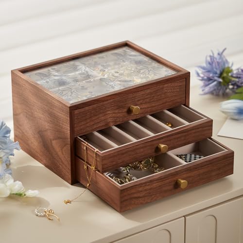 Homruilink Black Walnut Wooden Women Jewelry Box with Glass Lid, 3 Layer