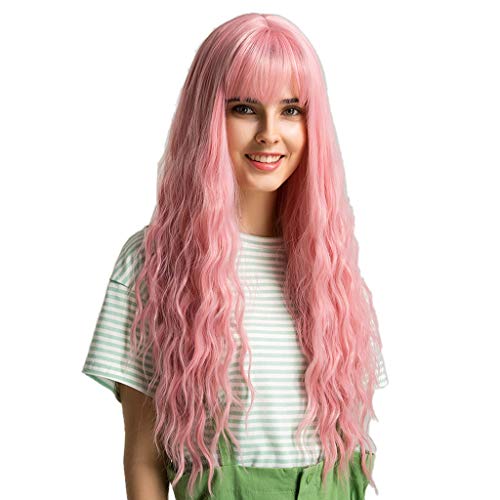 Flameer Moda Charme Longo Ondulado Encaracolado Mulheres Perucas Traje Peruca W/Franja Plana - Rosa