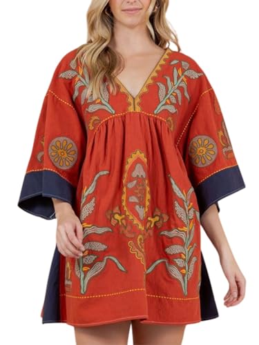 Image of Joiemont Womens Oversized Embroidered Dress with V-Neck and 3 /4 Sleeves Vintage Embroidery Babydoll Dress