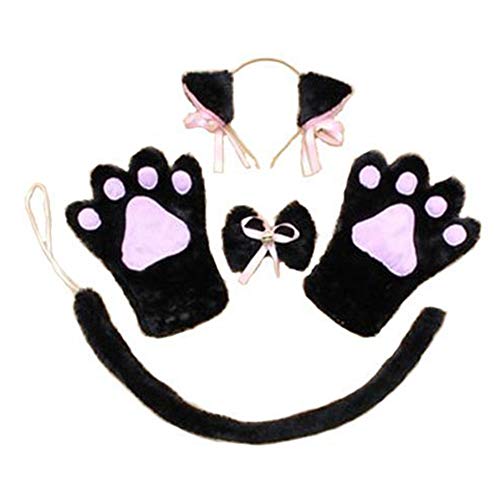CDKJ - Juego de 5 orejas de gato, bonito aro para el pelo, diadema para el pelo, gorro, gato, guantes de uñas para niñas, rendimiento profesional, color negro